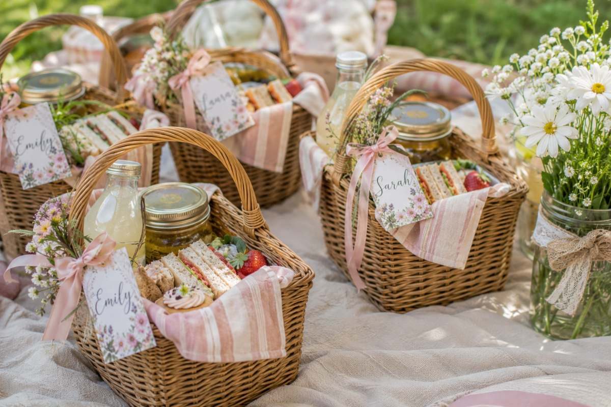 Personalized picnic baskets filled with sandwiches, fruit, drinks, desserts, and floral name tags for guests at a wildflower baby shower picnic.