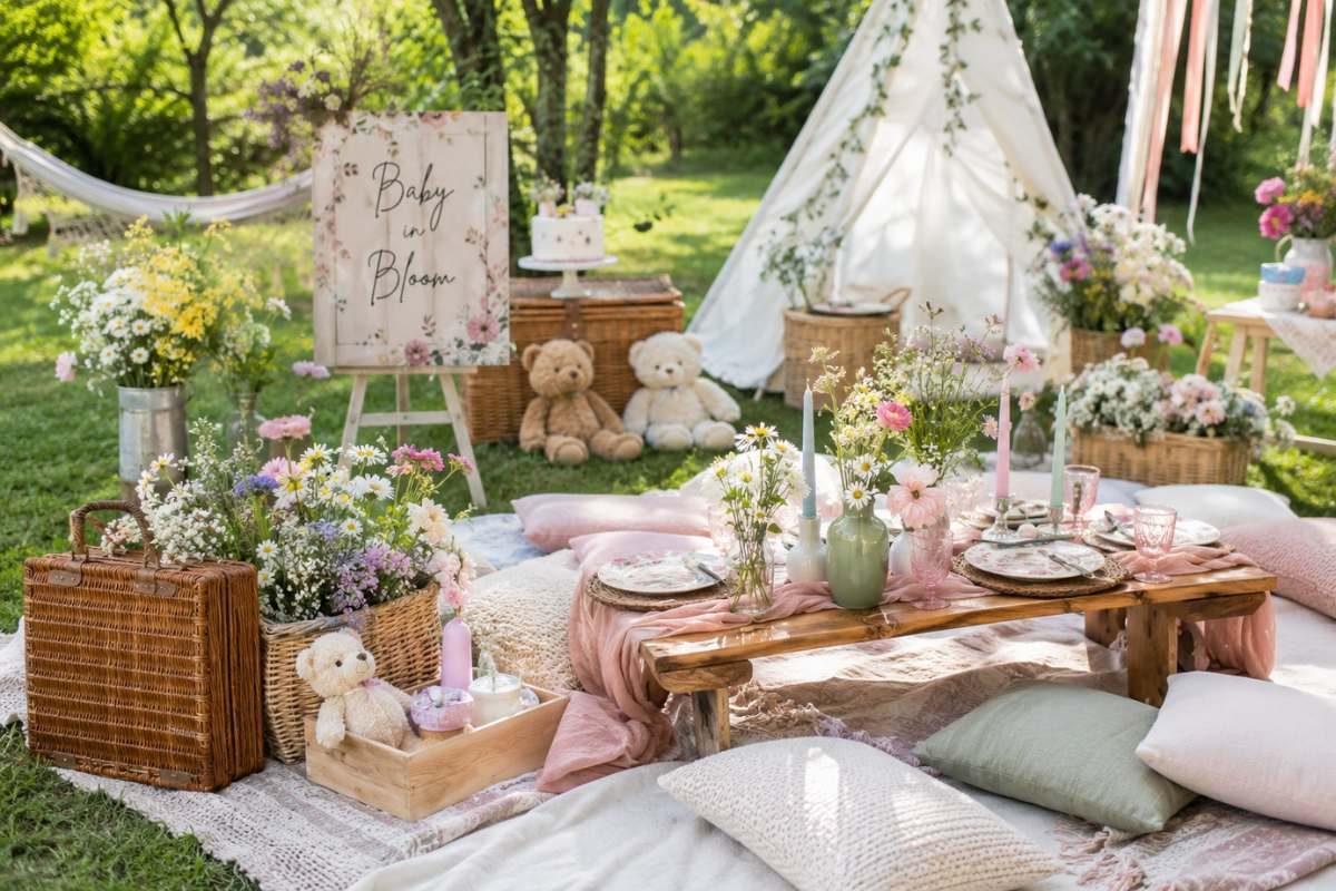 Charming outdoor wildflower baby shower picnic setup featuring low wooden tables, floral centerpieces, soft cushions, blankets, teepee, and rustic boho décor in a garden.