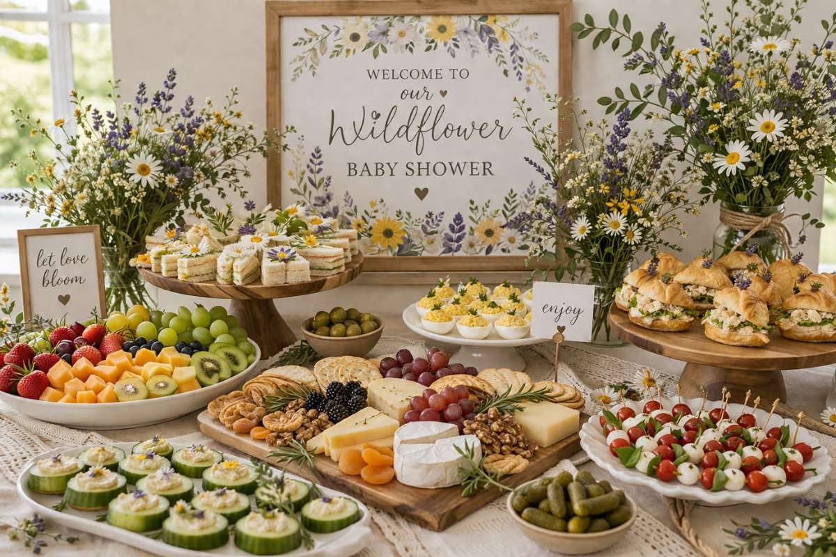 Wildflower baby shower savory food table with croissants, cheese board, and fresh appetizers