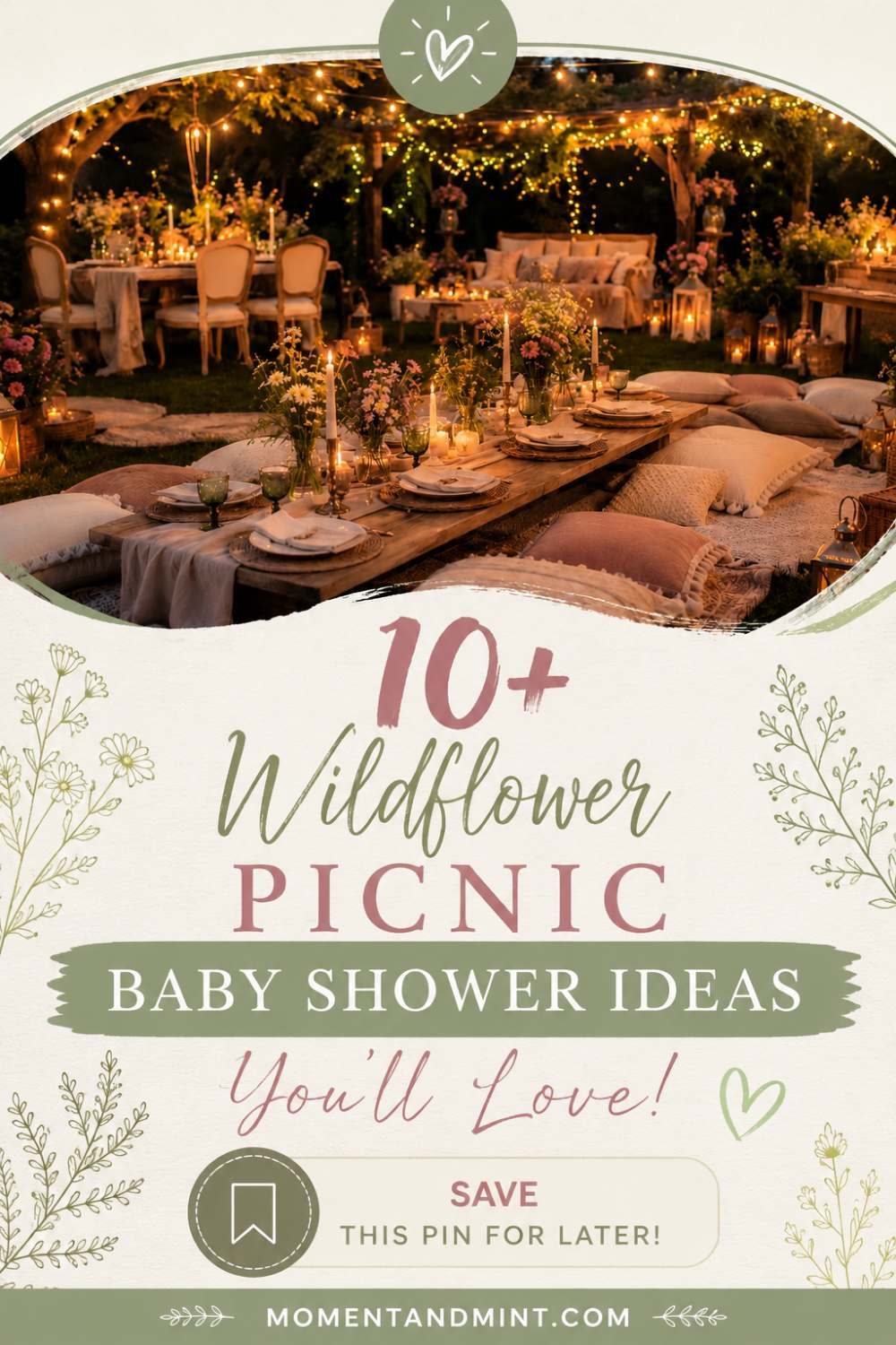 Pinterest pin featuring a magical wildflower picnic baby shower with fairy lights, cozy outdoor seating, and the title "10+ Wildflower Picnic Baby Shower Ideas You'll Love."