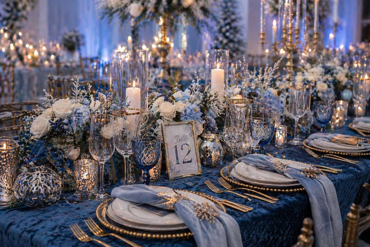 Elegant winter wedding table with blue tones and gold accents