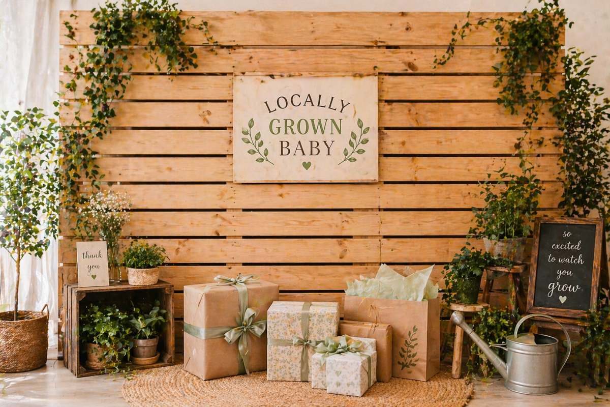 Wooden backdrop panels with greenery and gift display for a locally grown baby shower celebration.