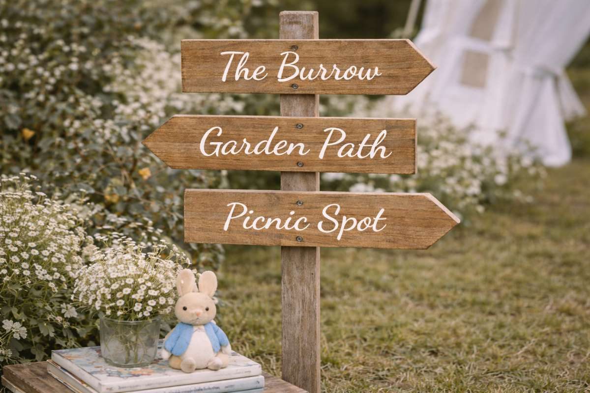 Rustic wooden directional signs labeled garden path picnic spot and burrow