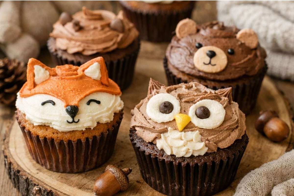 Woodland animal cupcakes with fox, owl, and bear designs for a rustic baby shower dessert table