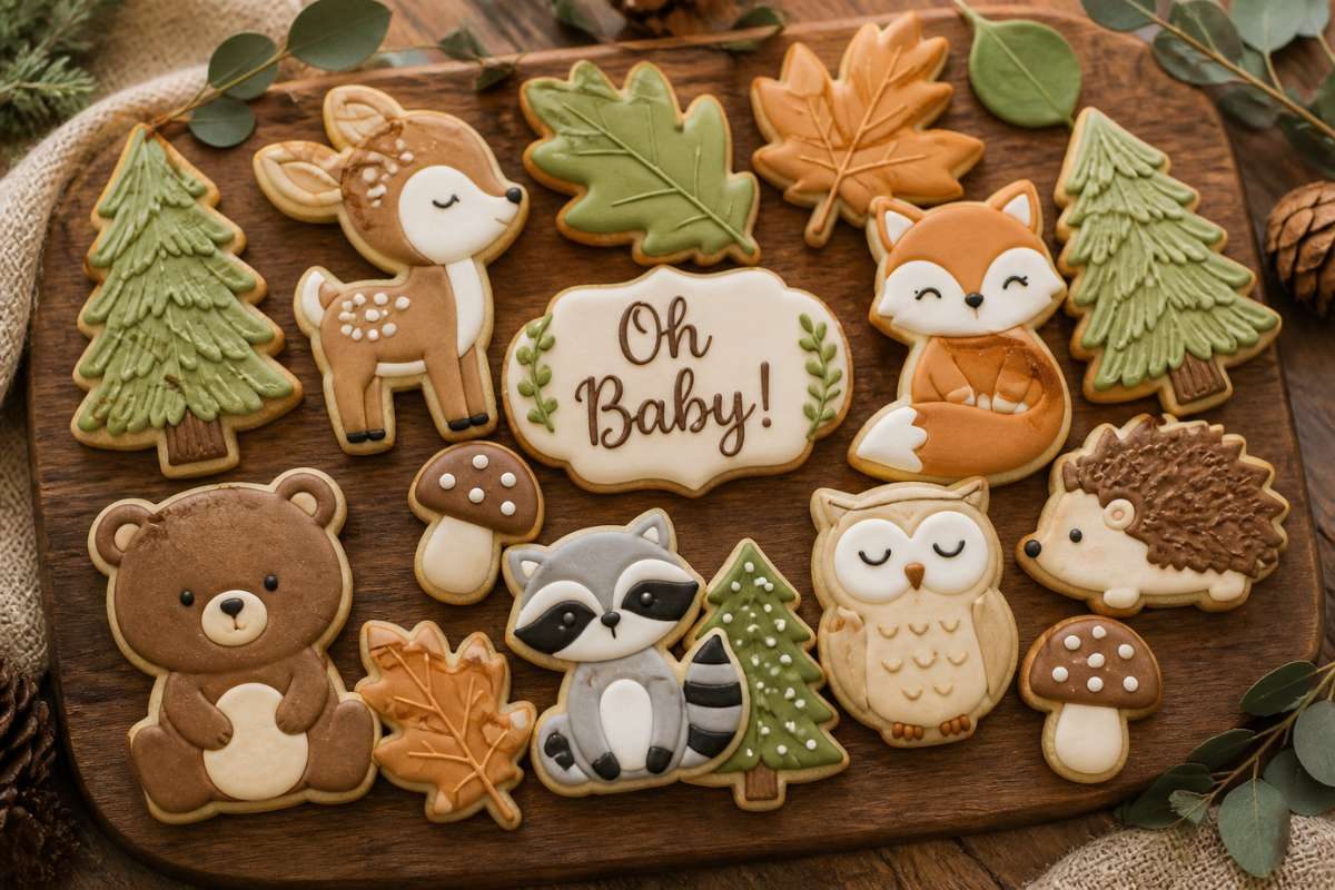 Woodland animal sugar cookies with fox, deer, bear, owl, raccoon, and forest tree designs for a baby shower