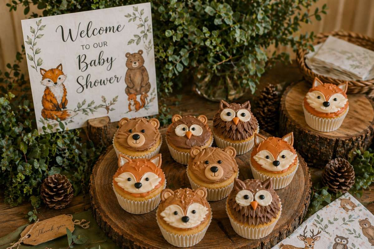 Woodland animal cupcakes with fox, bear, and owl designs for a rustic baby shower dessert table