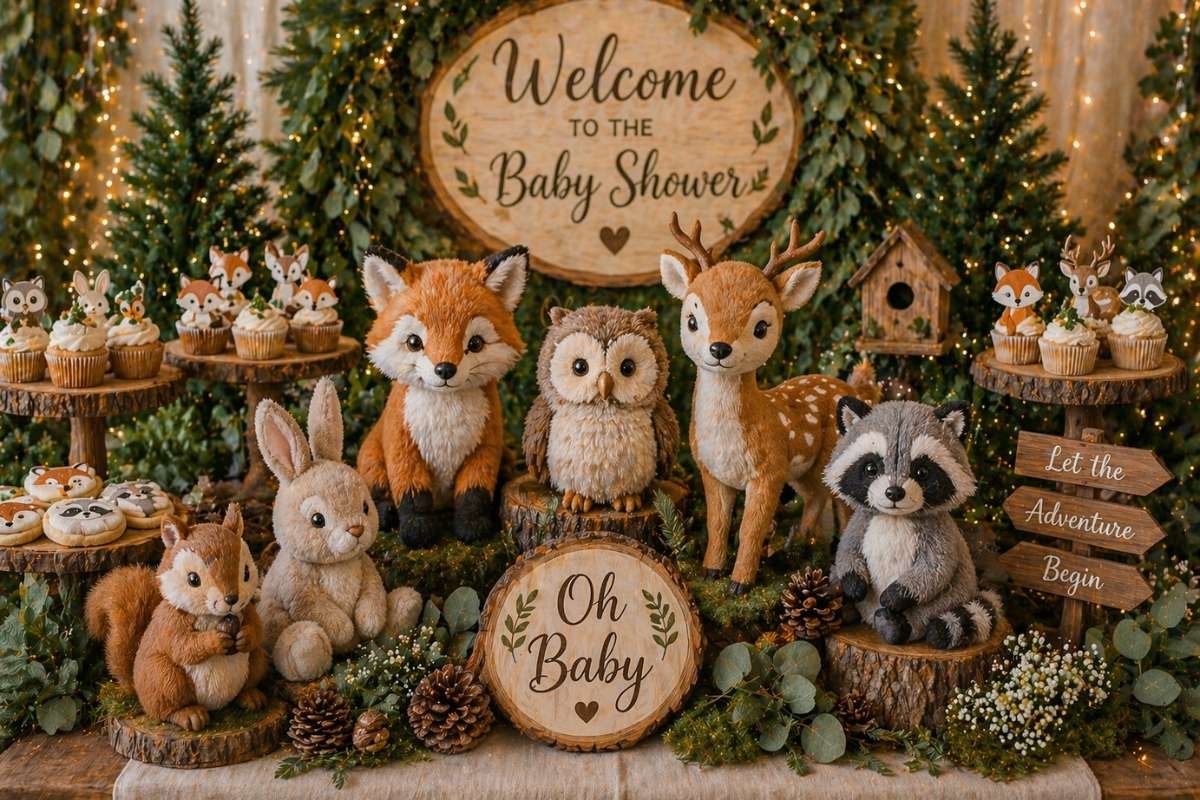 Woodland baby shower table with fox, deer, and rabbit decorations, greenery, and rustic banner
