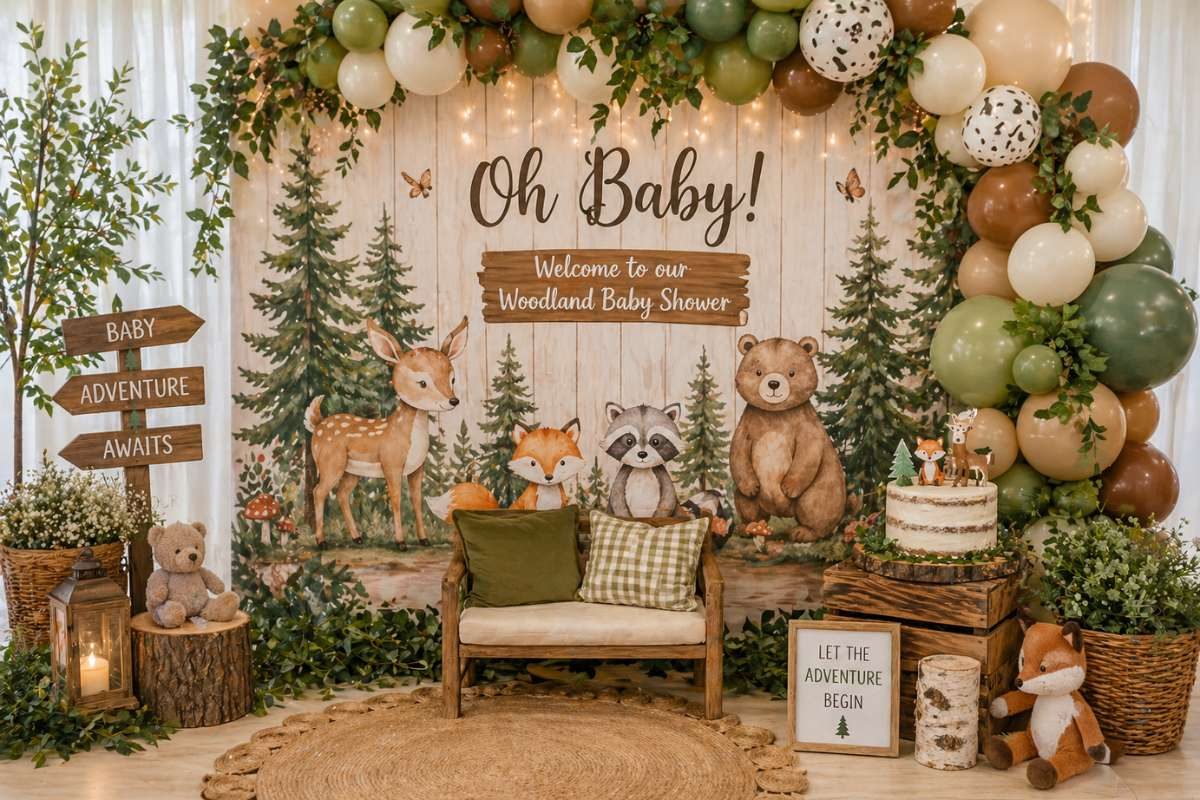 Woodland baby shower backdrop with Oh Baby sign, forest animals, balloon garland, and rustic decorations