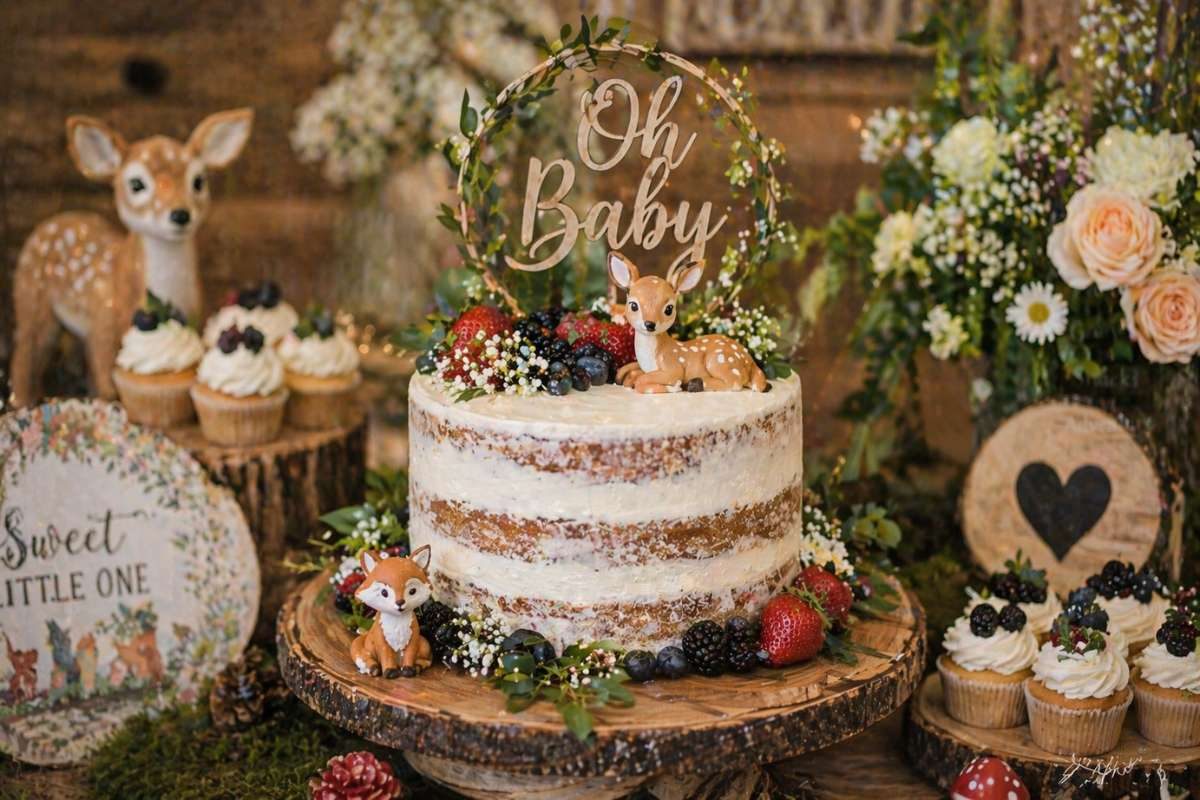 Rustic naked cake for woodland baby shower with berries, greenery, and animal topper