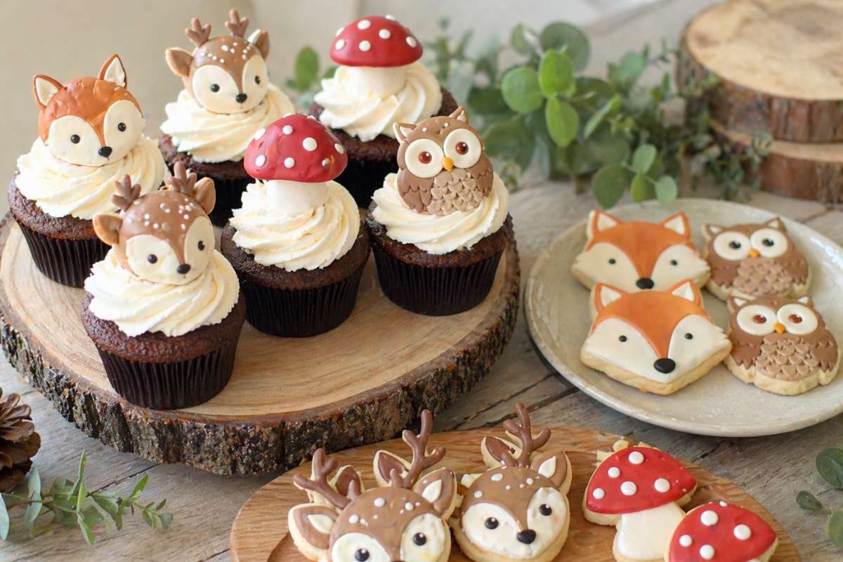 Woodland baby shower cupcakes and cookies with deer, fox, owl, and mushroom decorations