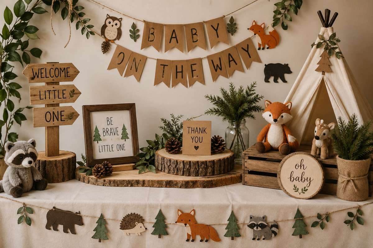 Woodland baby shower decor table with baby on the way banner, forest animals, and rustic decorations