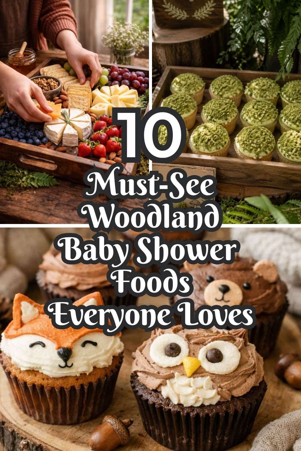 Woodland baby shower dessert ideas with cupcakes, cheese board, cookies, and rustic forest-themed party food.