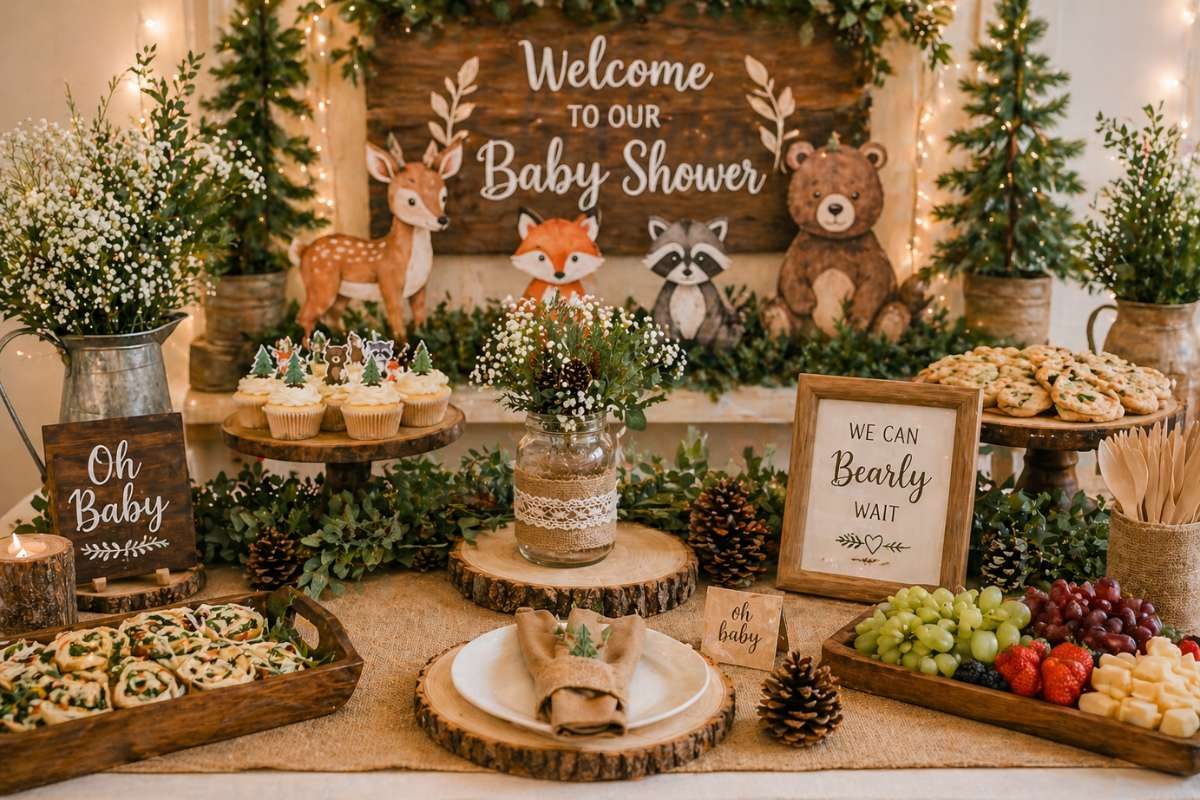Woodland baby shower dessert table with welcome sign, cupcakes, greenery, and forest animals