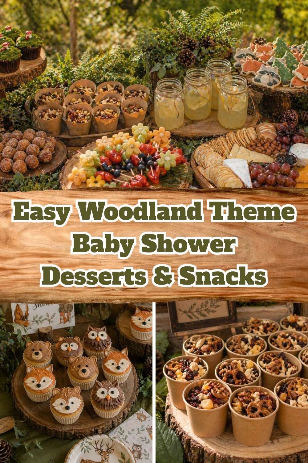 Rustic woodland baby shower dessert table with cupcakes, cookies, trail mix cups, fruit skewers, and cheese board.