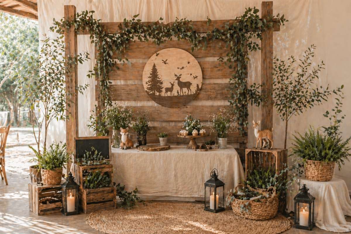 Woodland baby shower display with wooden backdrop, greenery, lanterns, and natural decor elements