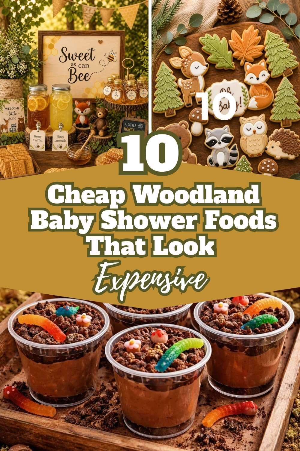 Woodland baby shower food ideas featuring forest animal cookies, honey drinks, and chocolate dirt dessert cups.