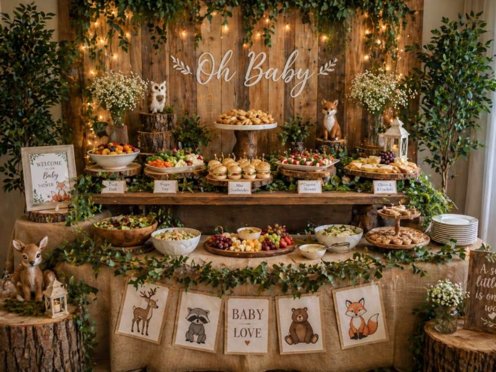 Rustic woodland baby shower food table with greenery, fairy lights, sandwiches, fruit trays, and forest animal decorations