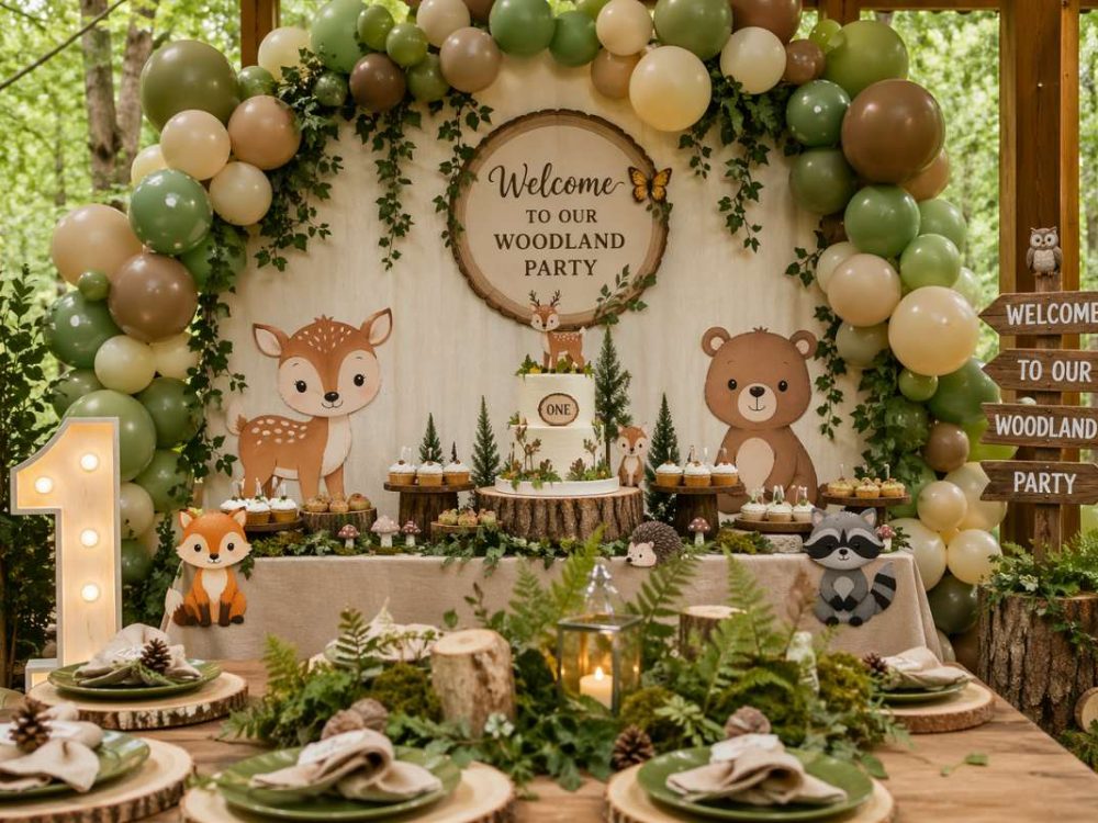 Woodland baby shower setup with green, brown, and neutral color palette, balloon garland, and forest decor