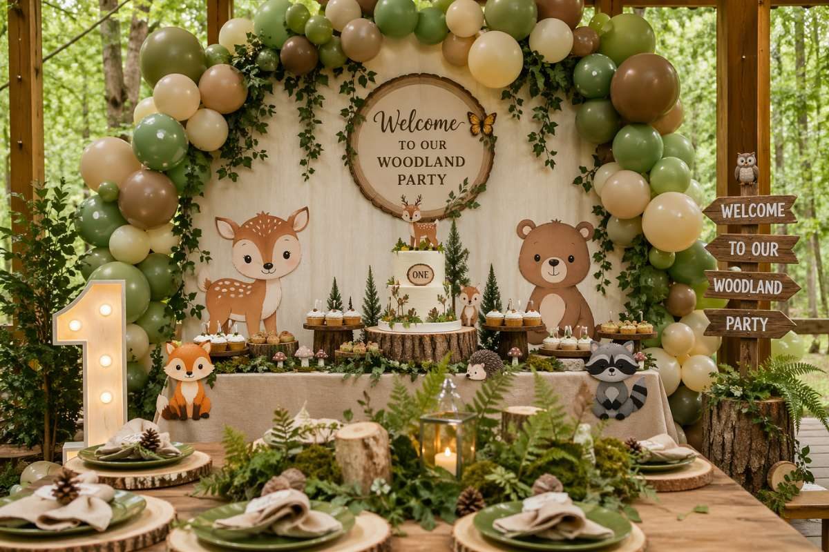 Woodland baby shower setup with green, brown, and neutral color palette, balloon garland, and forest decor