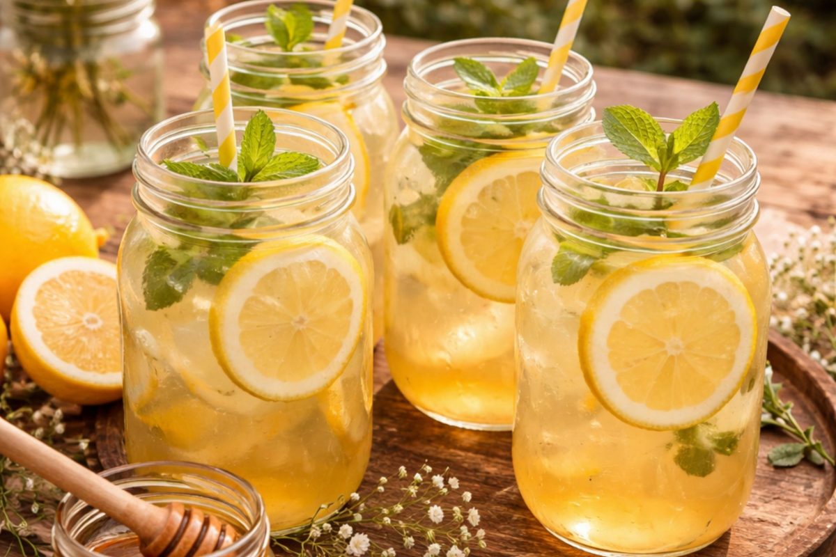 Honey lemonade drinks with fresh lemon slices and mint served in mason jars for a woodland baby shower party