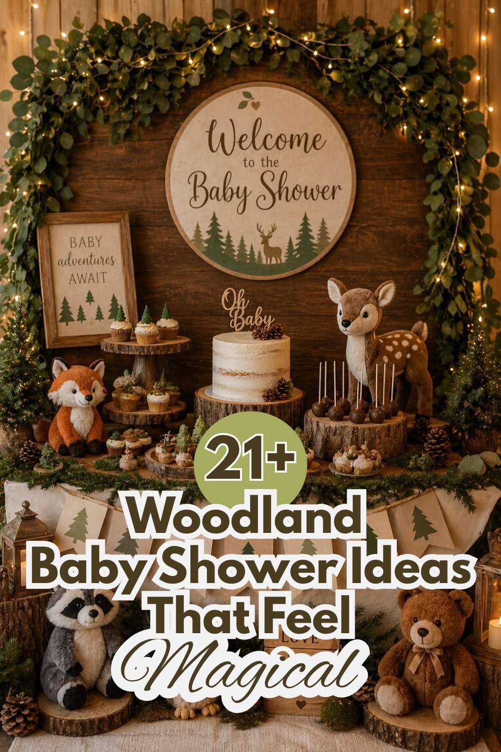 Woodland baby shower dessert table with forest animals, greenery, rustic decorations, and woodland baby shower ideas.
