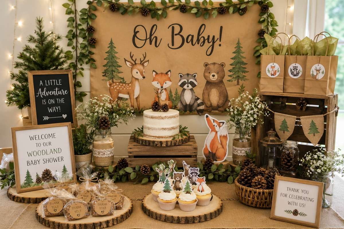 Woodland baby shower table with Oh Baby banner, forest animals, and rustic decorations