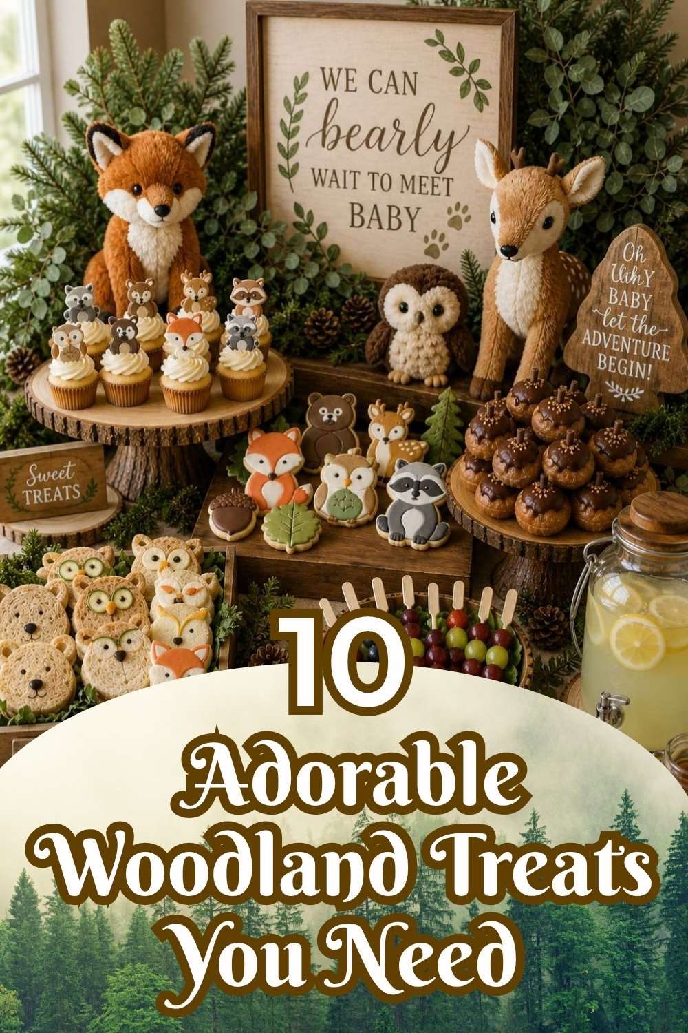 Woodland baby shower treats including animal cupcakes, sugar cookies, donut holes, lemonade, and rustic dessert table ideas.