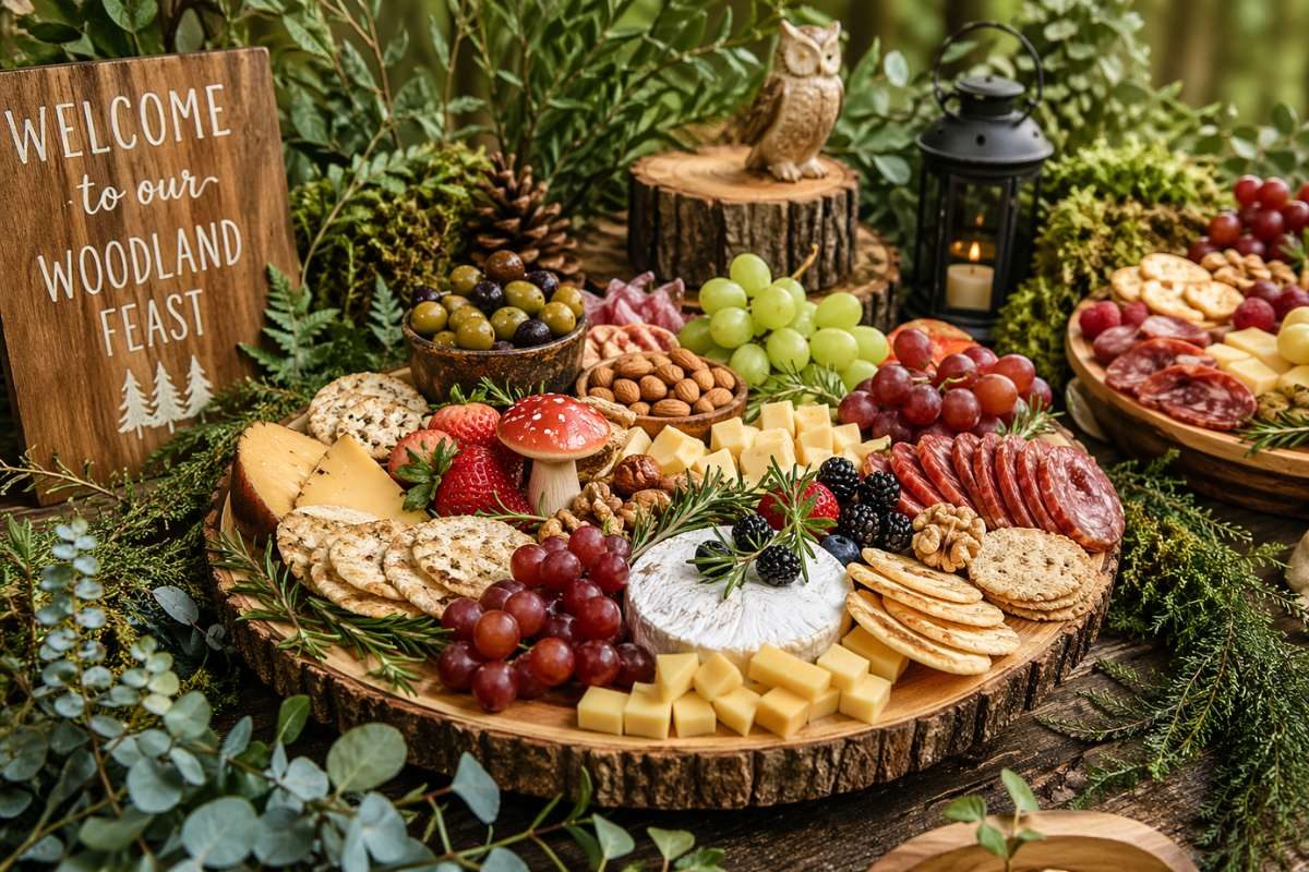 Woodland charcuterie board with fruits, cheese, crackers, and greenery on rustic wooden serving tray