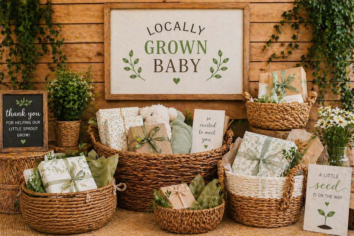 Woven gift basket display for a locally grown baby shower with natural textures and rustic wrapped presents.