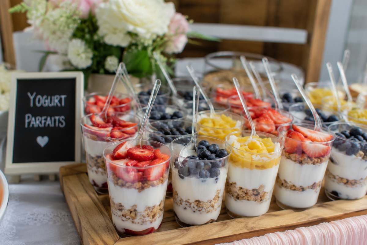 Yogurt parfait cups for a brunch baby shower featuring layered yogurt, granola, fresh strawberries, blueberries, pineapple, and fruit toppings served in clear individual cups.