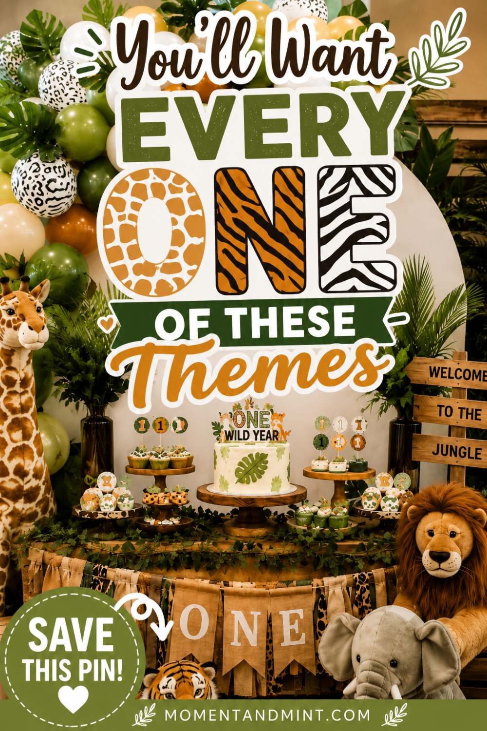 One Wild Year safari first birthday featuring jungle balloons, safari animals, tropical greenery, and popular first birthday party theme inspiration.